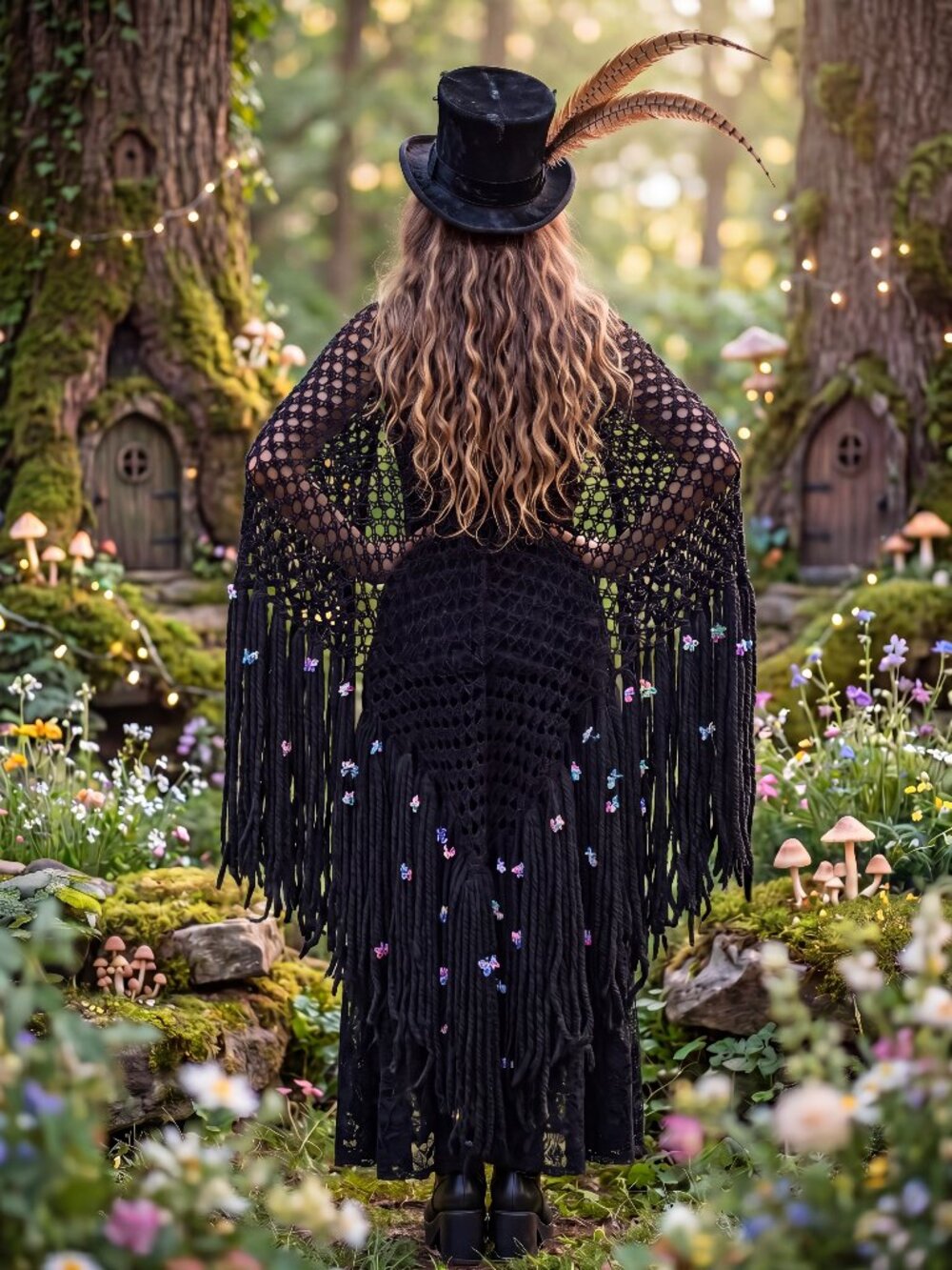 Boho Black Crochet Thick Fringe Shawl with Pink Flower Accent